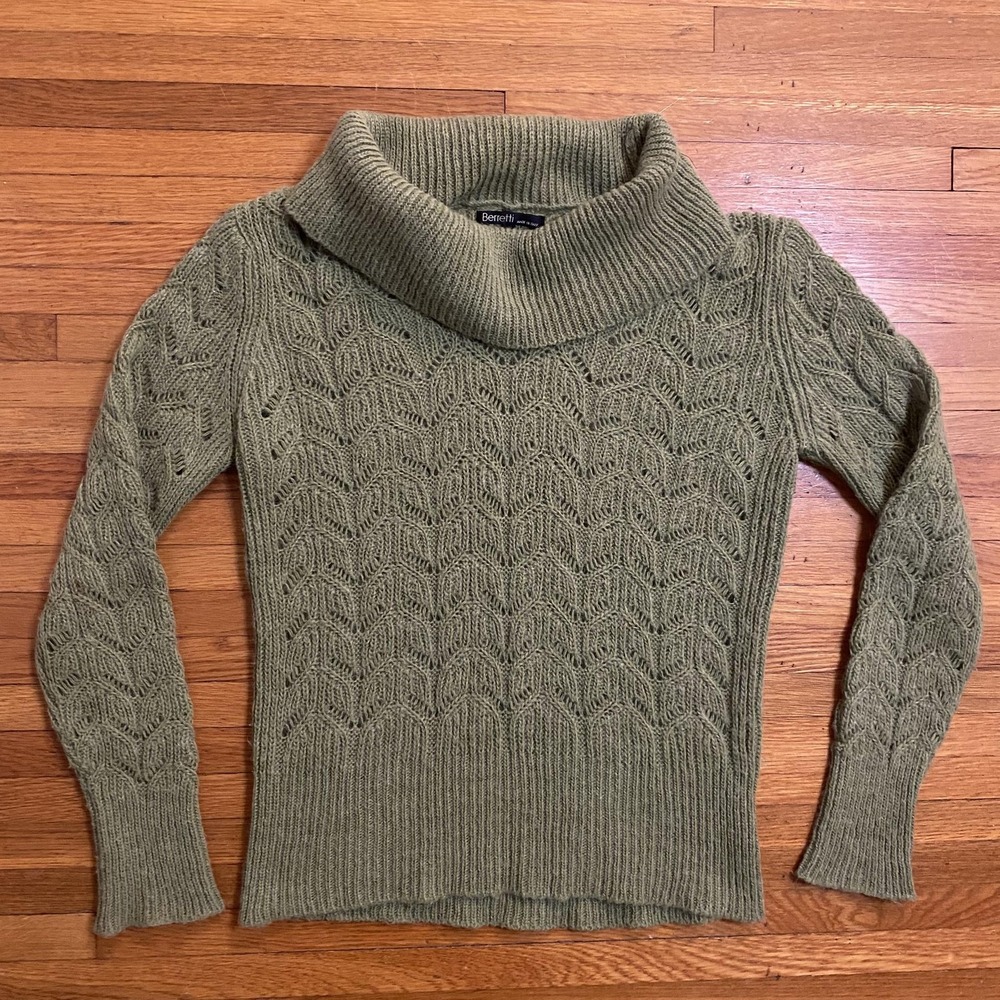 Berretti Sweater Womens Large Olive Green Cowl Neck Mohair Wool Blend Made Italy